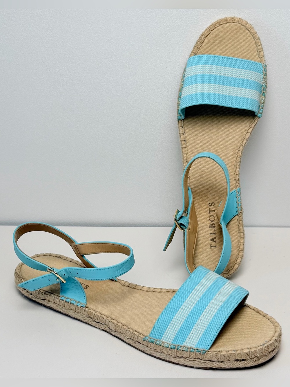 Talbots Turquoise White Stripes Espadrilles Strappy Sandals Women size 8 Beachy